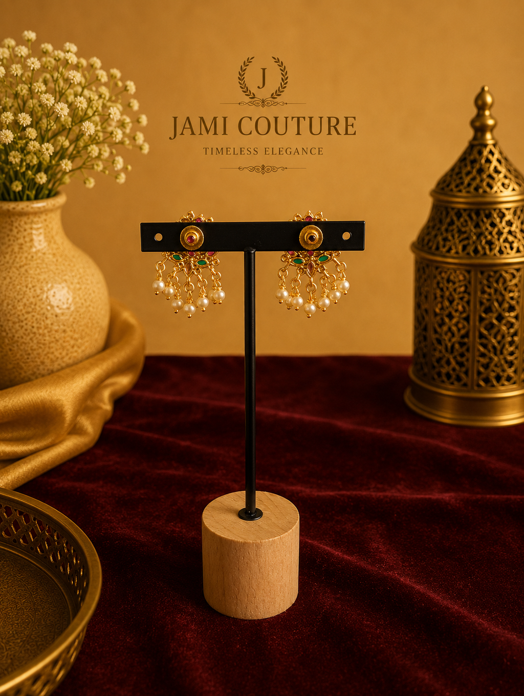 Ruby Red & Emerald Lotus Jadau Necklace Set with Pearl Drops | Antique Gold-Toned Temple Jewelry
