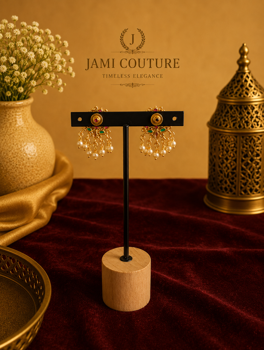 Ruby Red & Emerald Lotus Jadau Necklace Set with Pearl Drops | Antique Gold-Toned Temple Jewelry