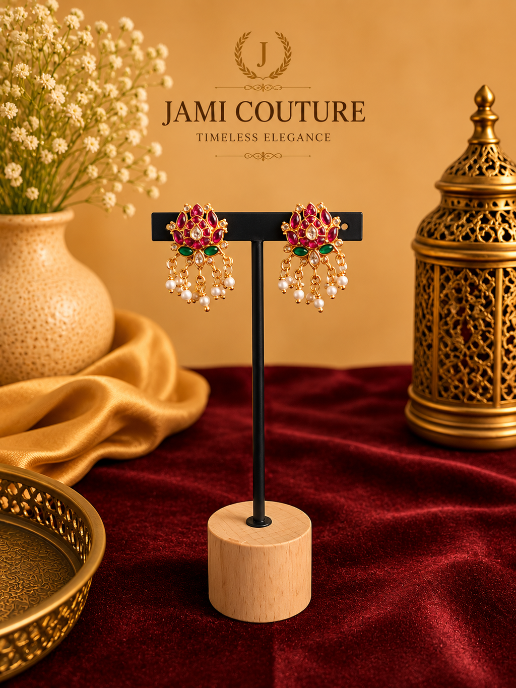 Ruby Red & Emerald Lotus Jadau Necklace Set with Pearl Drops | Antique Gold-Toned Temple Jewelry