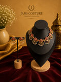 Ruby Red & Emerald Lotus Jadau Necklace Set with Pearl Drops | Antique Gold-Toned Temple Jewelry