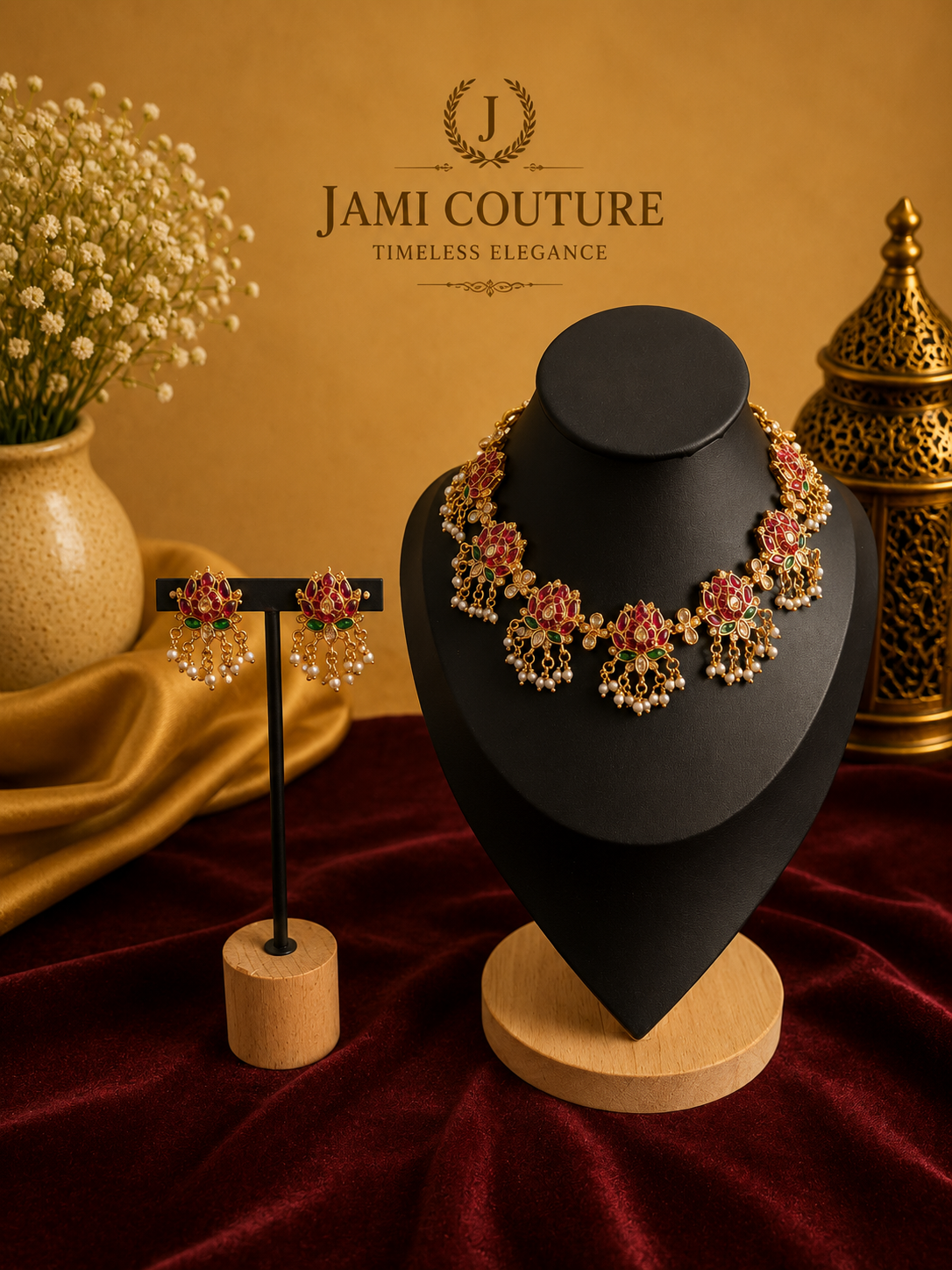 Ruby Red & Emerald Lotus Jadau Necklace Set with Pearl Drops | Antique Gold-Toned Temple Jewelry