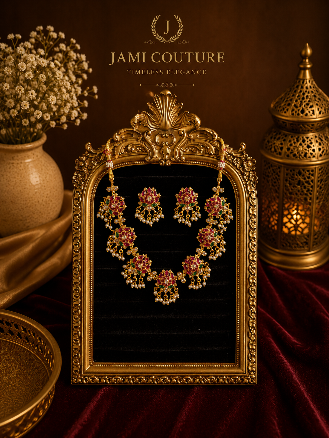 Ruby Red & Emerald Lotus Jadau Necklace Set with Pearl Drops | Antique Gold-Toned Temple Jewelry