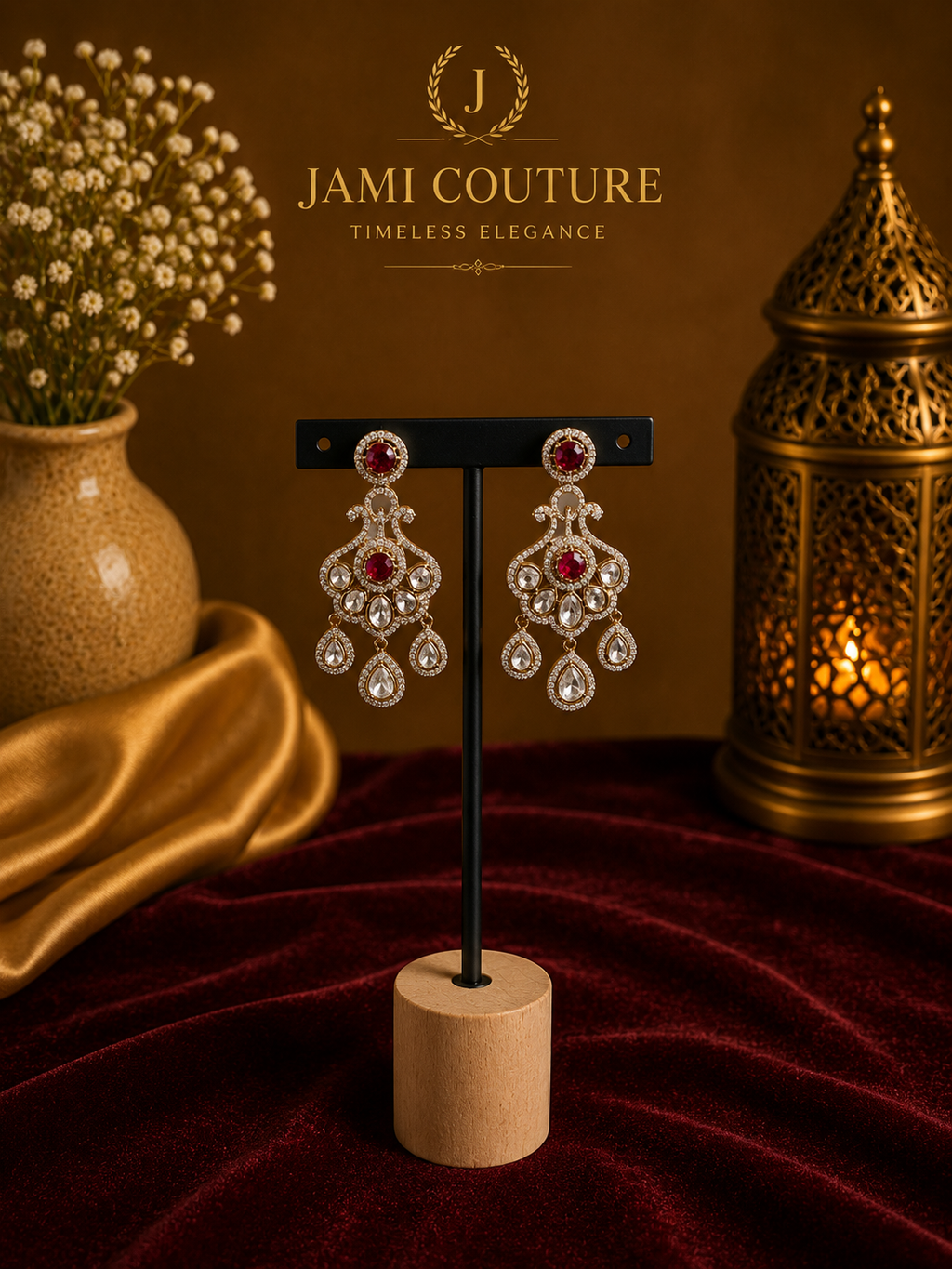 Ruby Red & White Diamond Chandelier Earrings | Silver-Toned Statement Jewelry