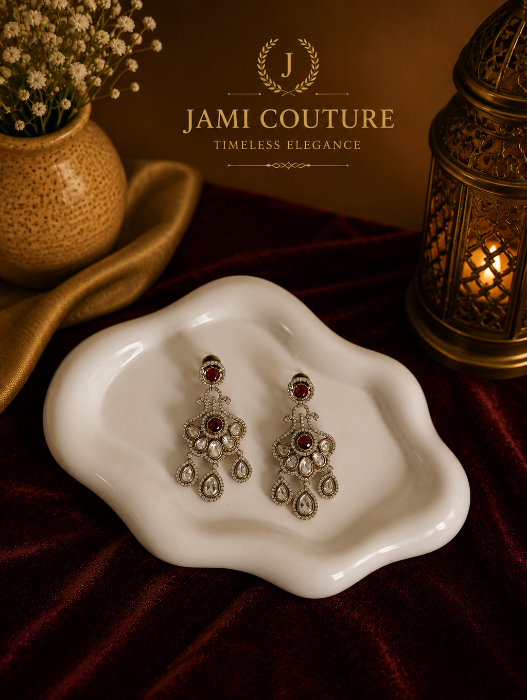 Ruby Red & White Diamond Chandelier Earrings | Silver-Toned Statement Jewelry