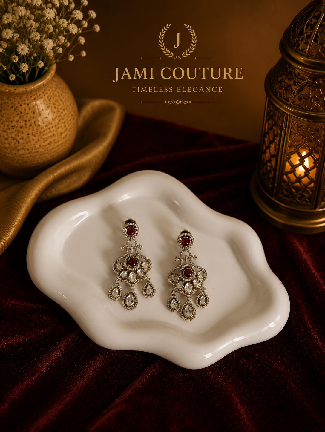 Ruby Red & White Diamond Chandelier Earrings | Silver-Toned Statement Jewelry