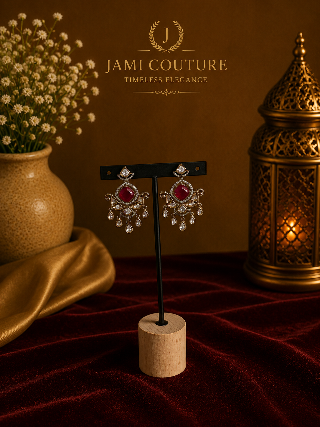 Ruby Red & White Diamond Chandbali Drop Earrings | Antique Gold-Toned Statement Jewelry