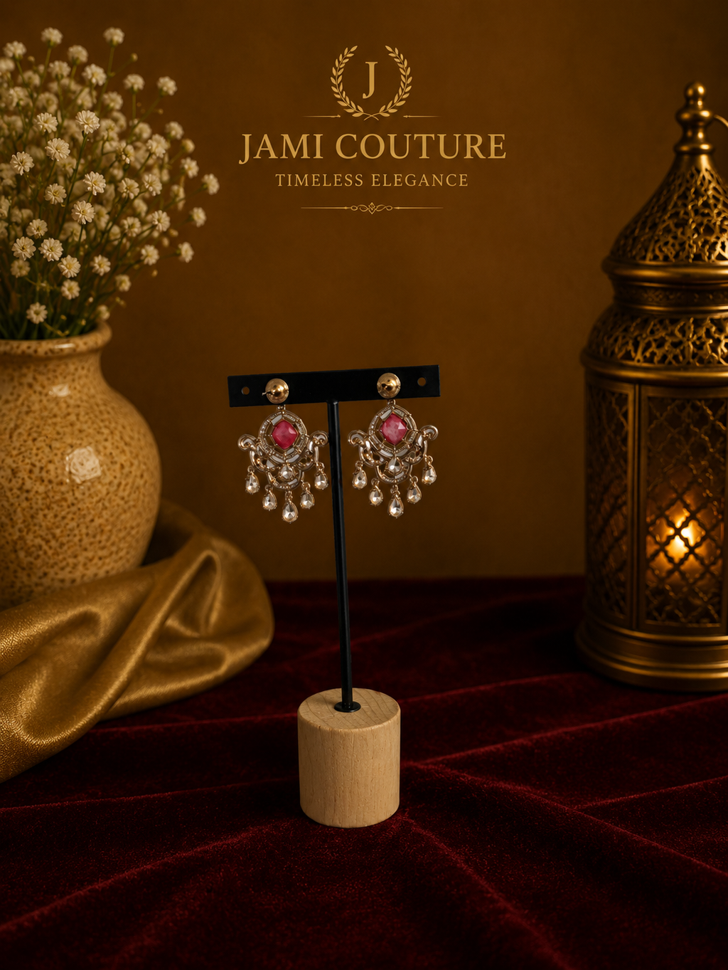 Ruby Red & White Diamond Chandbali Drop Earrings | Antique Gold-Toned Statement Jewelry