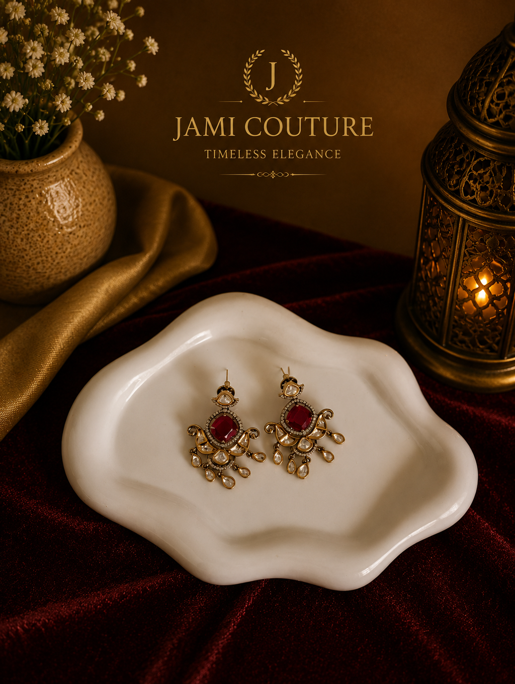Ruby Red & White Diamond Chandbali Drop Earrings | Antique Gold-Toned Statement Jewelry