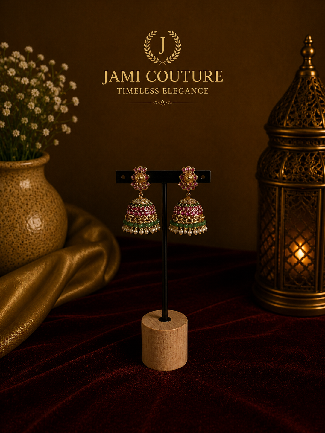 Ruby Red Floral Jhumka Earrings with Pearl & Emerald Bead Drops | Antique Gold-Toned Temple Jewelry