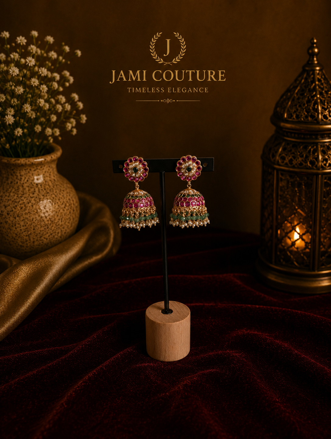 Ruby Red Floral Jhumka Earrings with Pearl & Emerald Bead Drops | Antique Gold-Toned Temple Jewelry