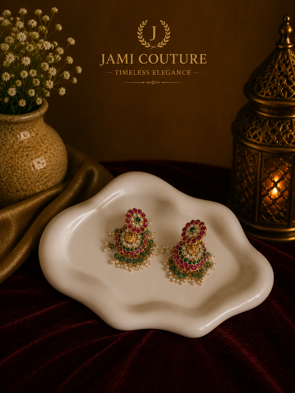 Ruby Red Floral Jhumka Earrings with Pearl & Emerald Bead Drops | Antique Gold-Toned Temple Jewelry