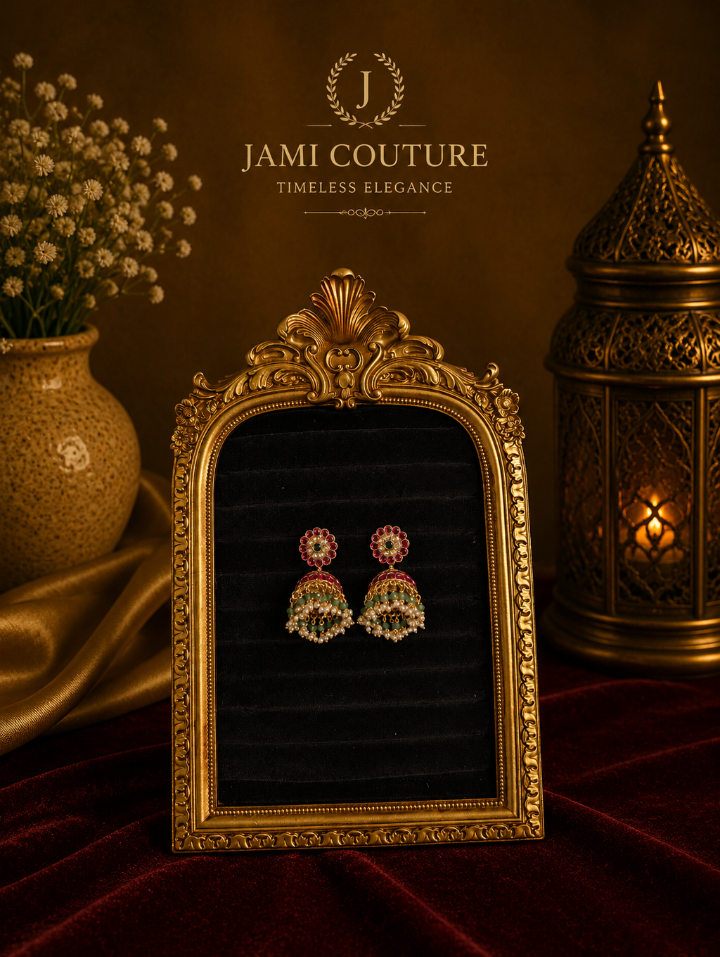 Ruby Red Floral Jhumka Earrings with Pearl & Emerald Bead Drops | Antique Gold-Toned Temple Jewelry