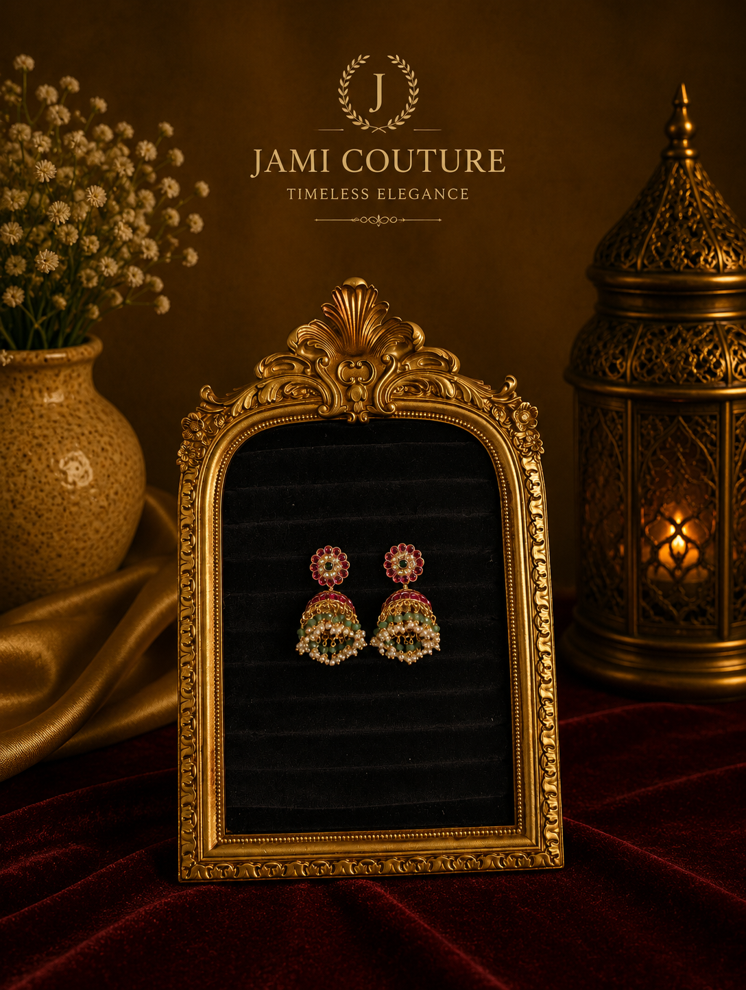 Ruby Red Floral Jhumka Earrings with Pearl & Emerald Bead Drops | Antique Gold-Toned Temple Jewelry