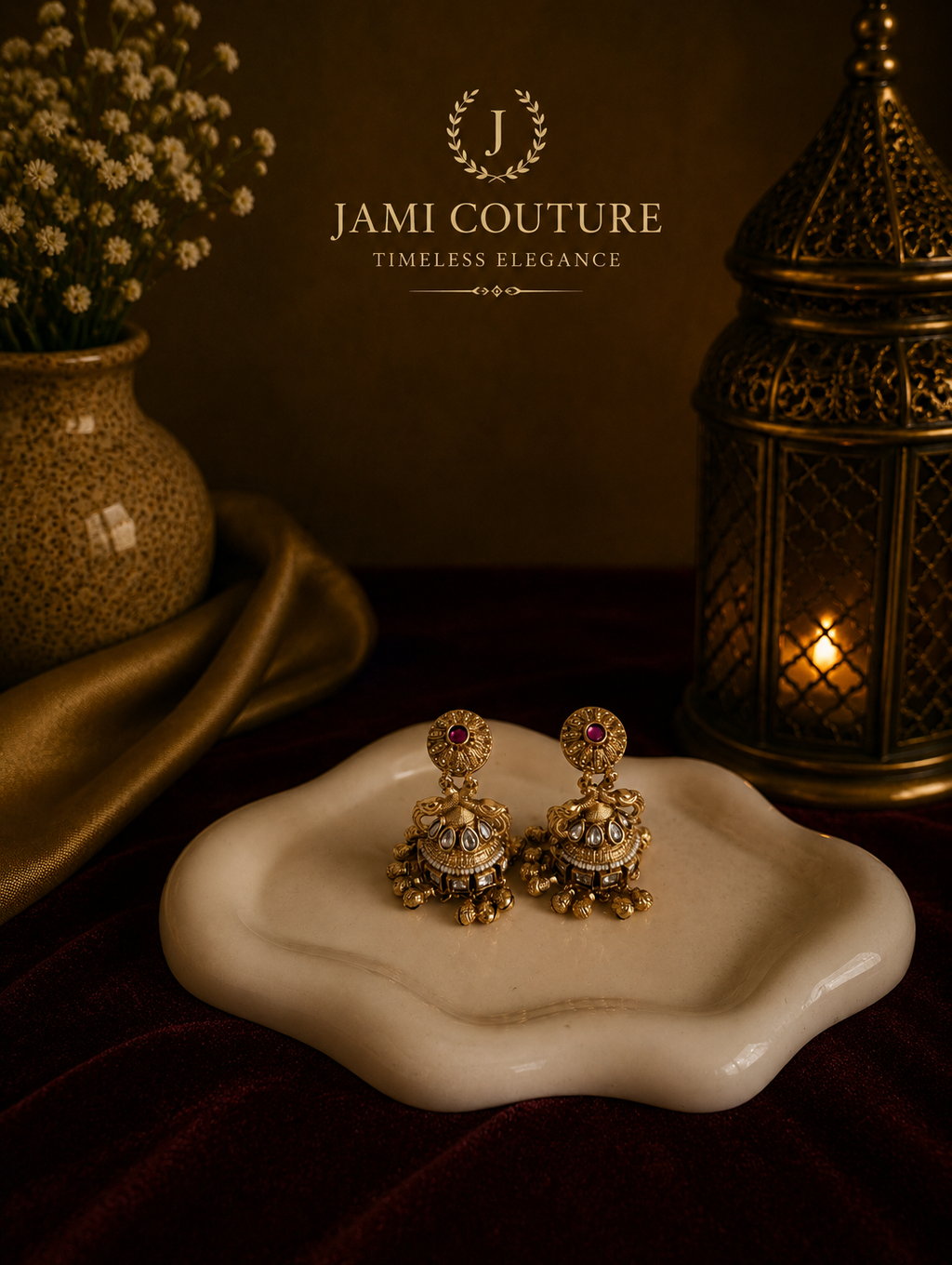 Antique Gold Jhumka Earrings with Ruby Accent & Pearl Drops | Traditional Temple Jewelry