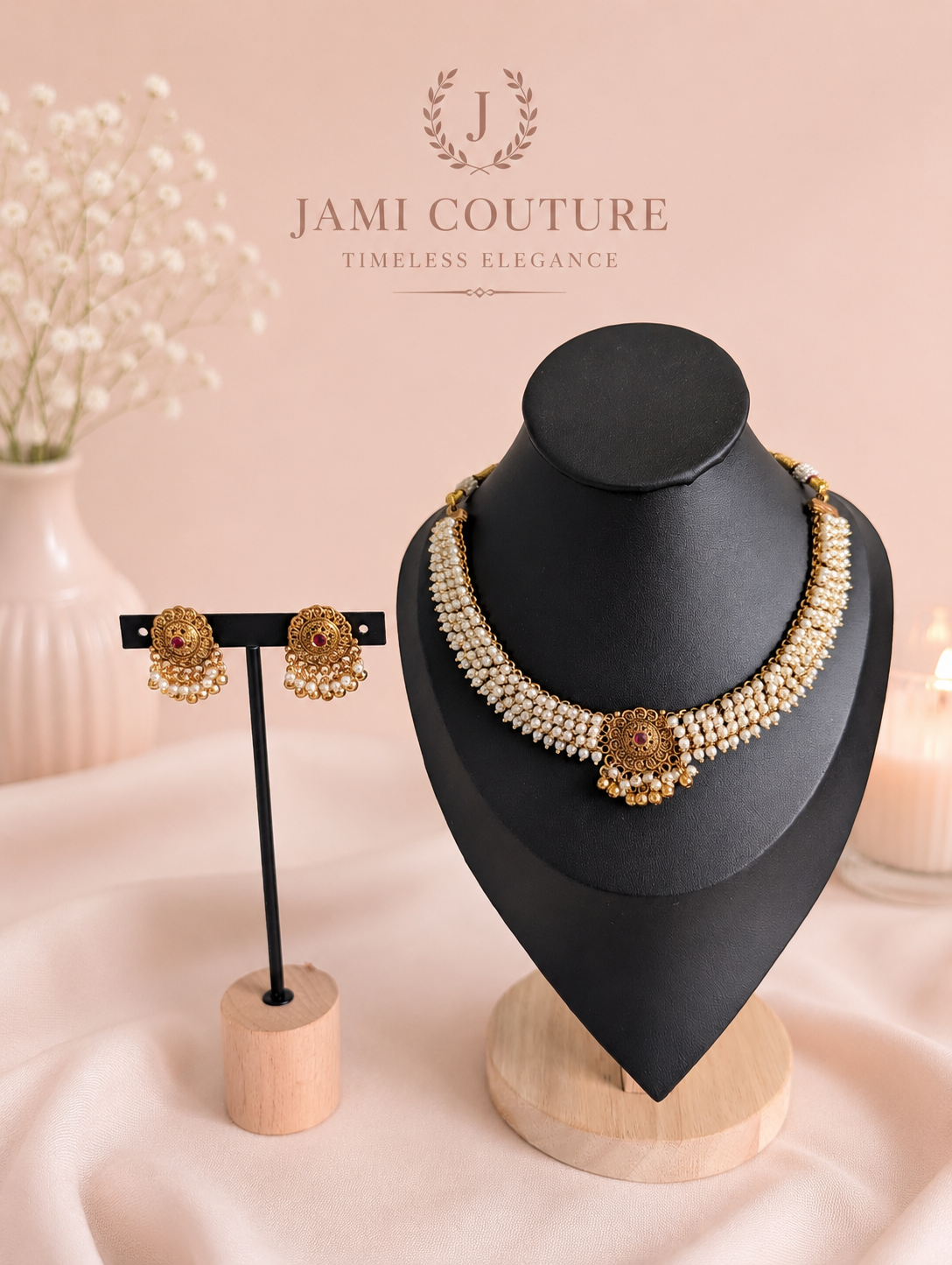 Antique Gold Pearl Cluster Necklace Set with Ruby Accent & Matching Jhumkas | Traditional Temple Jewelry