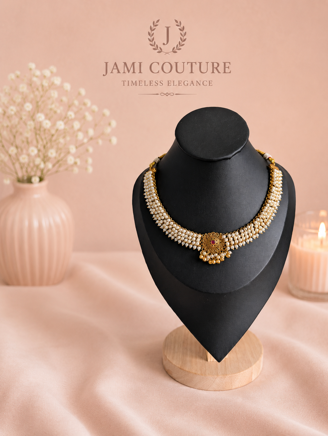 Antique Gold Pearl Cluster Necklace Set with Ruby Accent & Matching Jhumkas | Traditional Temple Jewelry