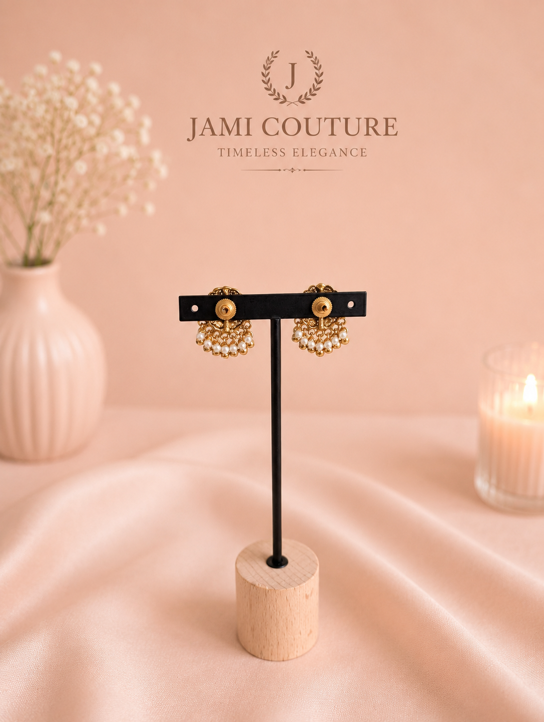 Antique Gold Pearl Cluster Necklace Set with Ruby Accent & Matching Jhumkas | Traditional Temple Jewelry