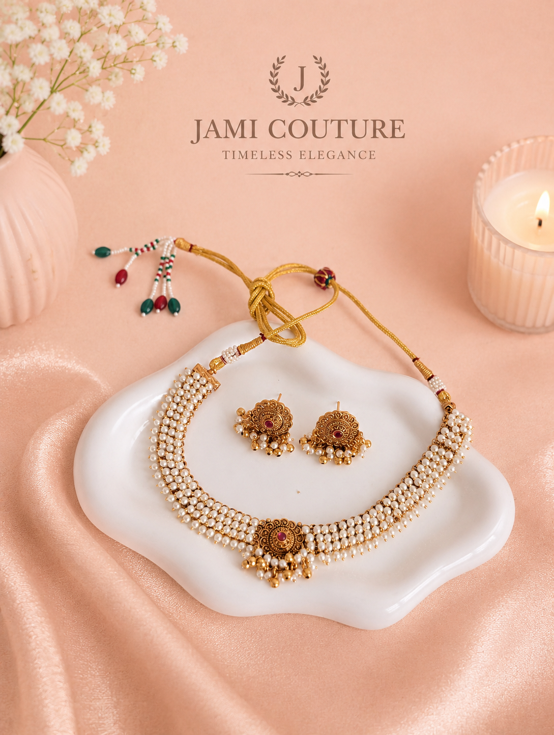 Antique Gold Pearl Cluster Necklace Set with Ruby Accent & Matching Jhumkas | Traditional Temple Jewelry