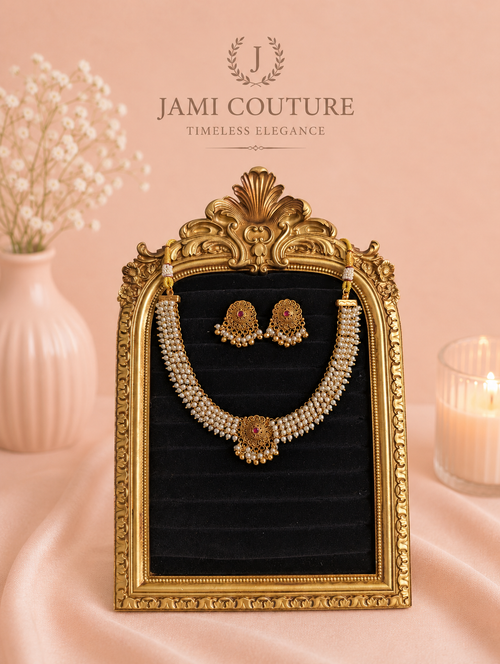 Antique Gold Pearl Cluster Necklace Set with Ruby Accent & Matching Jhumkas | Traditional Temple Jewelry