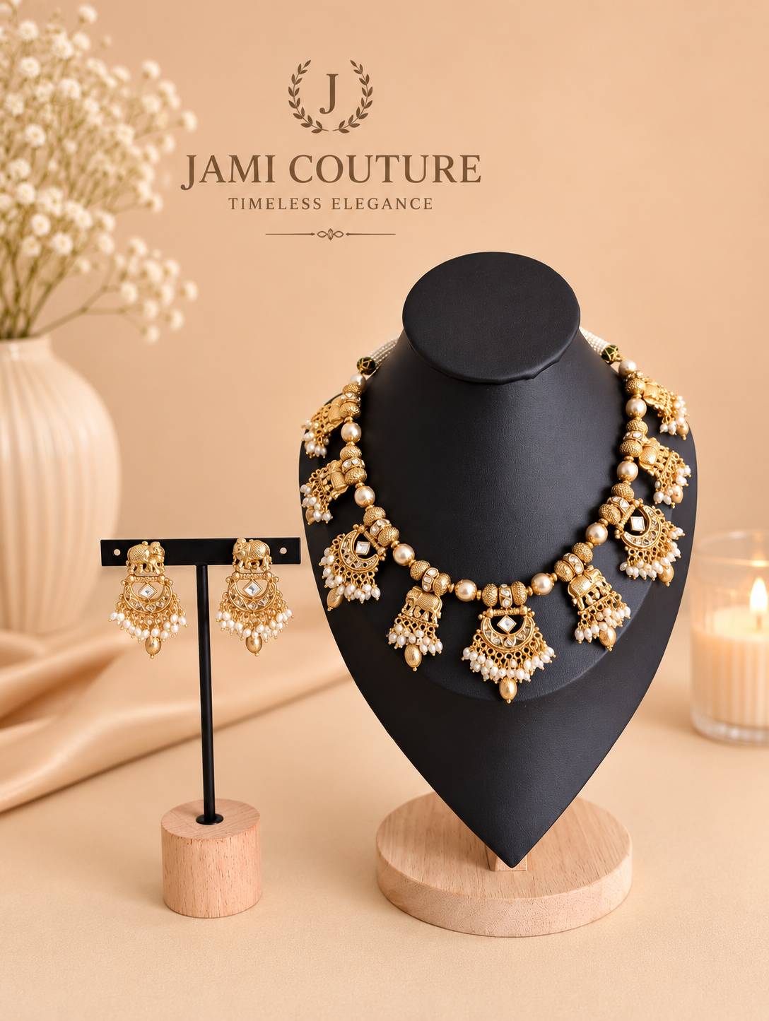 Antique Gold Elephant Motif Temple Necklace Set with Kundan & Pearl Drops | Traditional Bridal Jewelry