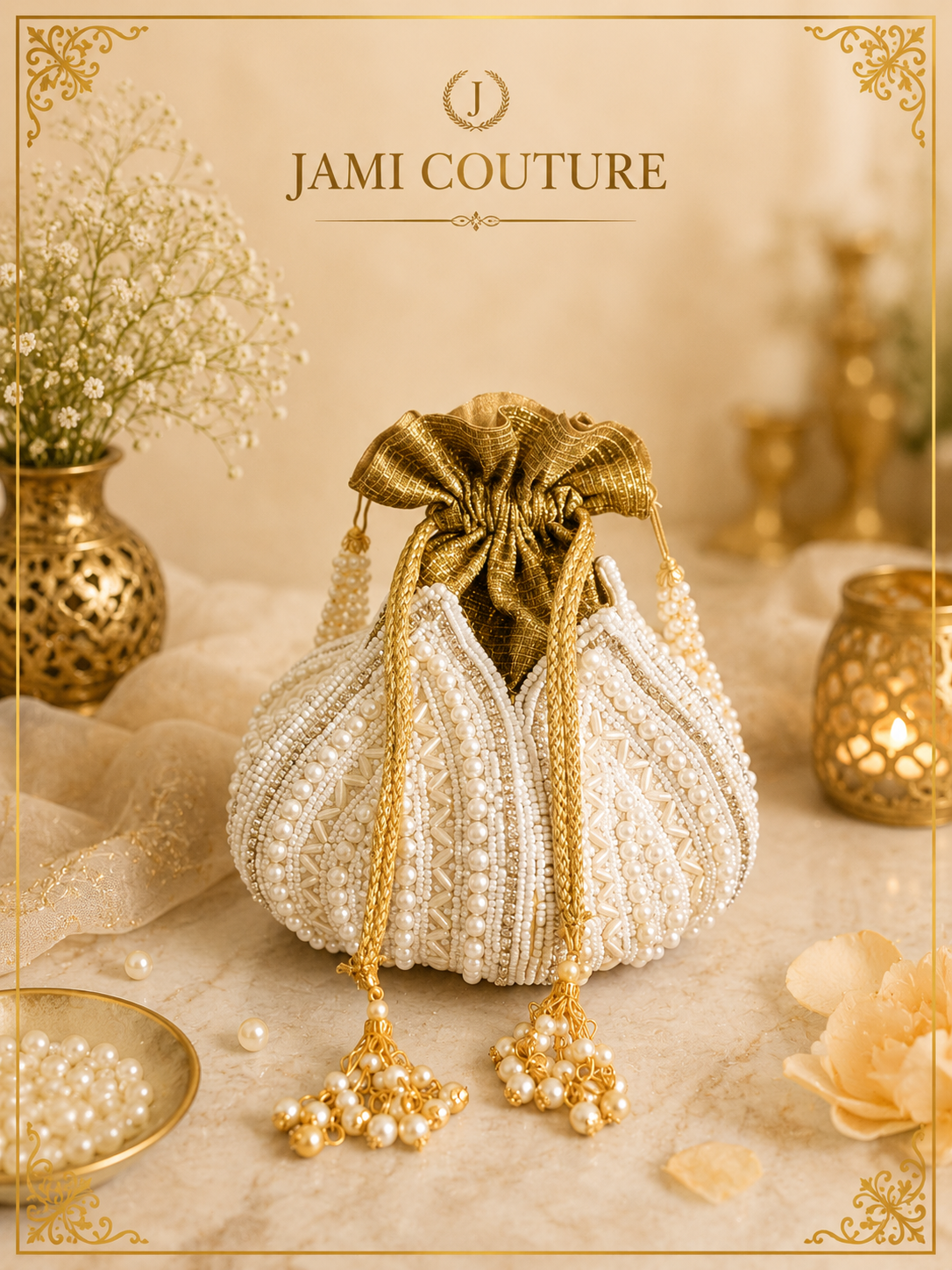 Gold-Toned and White Embellished Potli Clutch