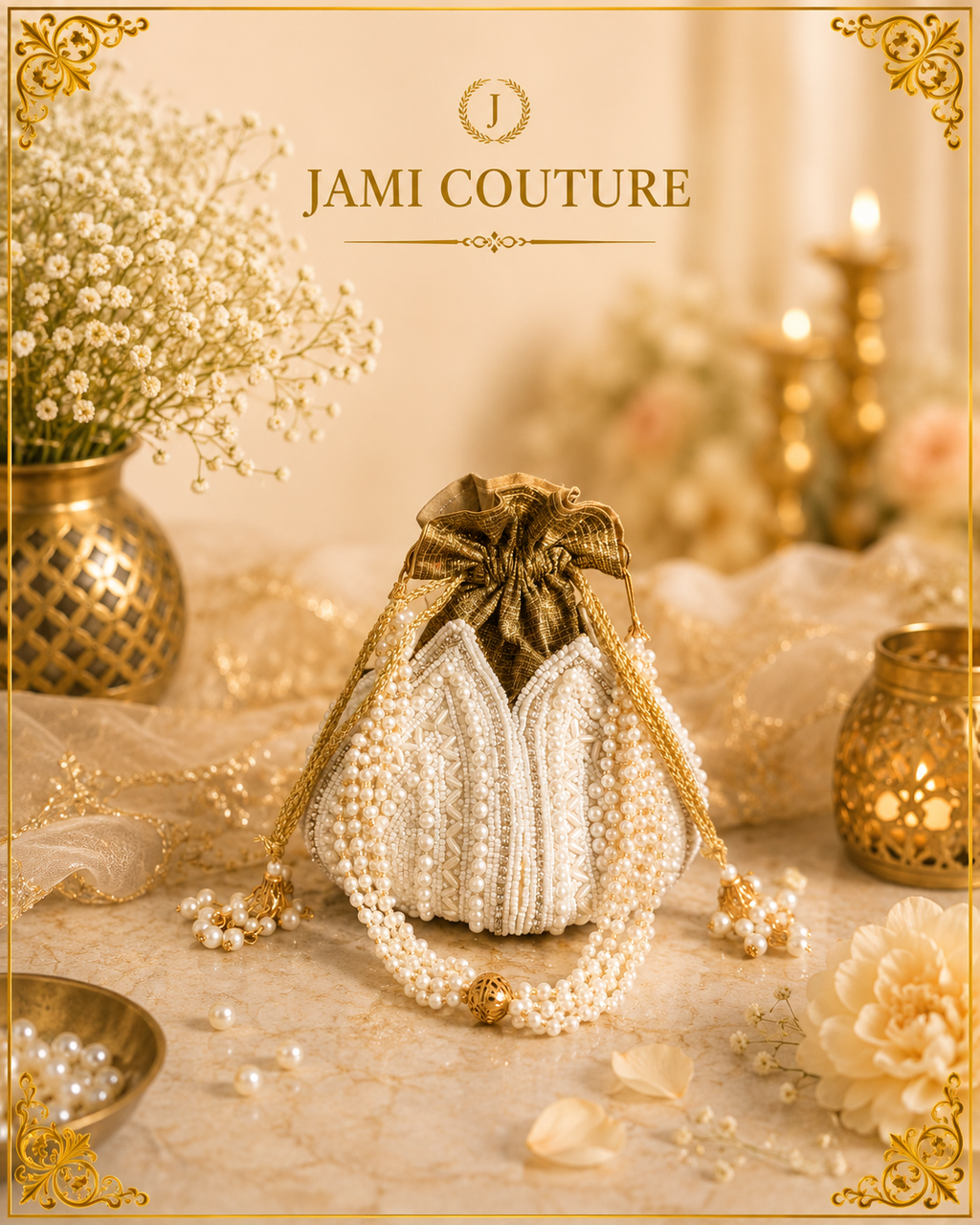 Gold-Toned and White Embellished Potli Clutch