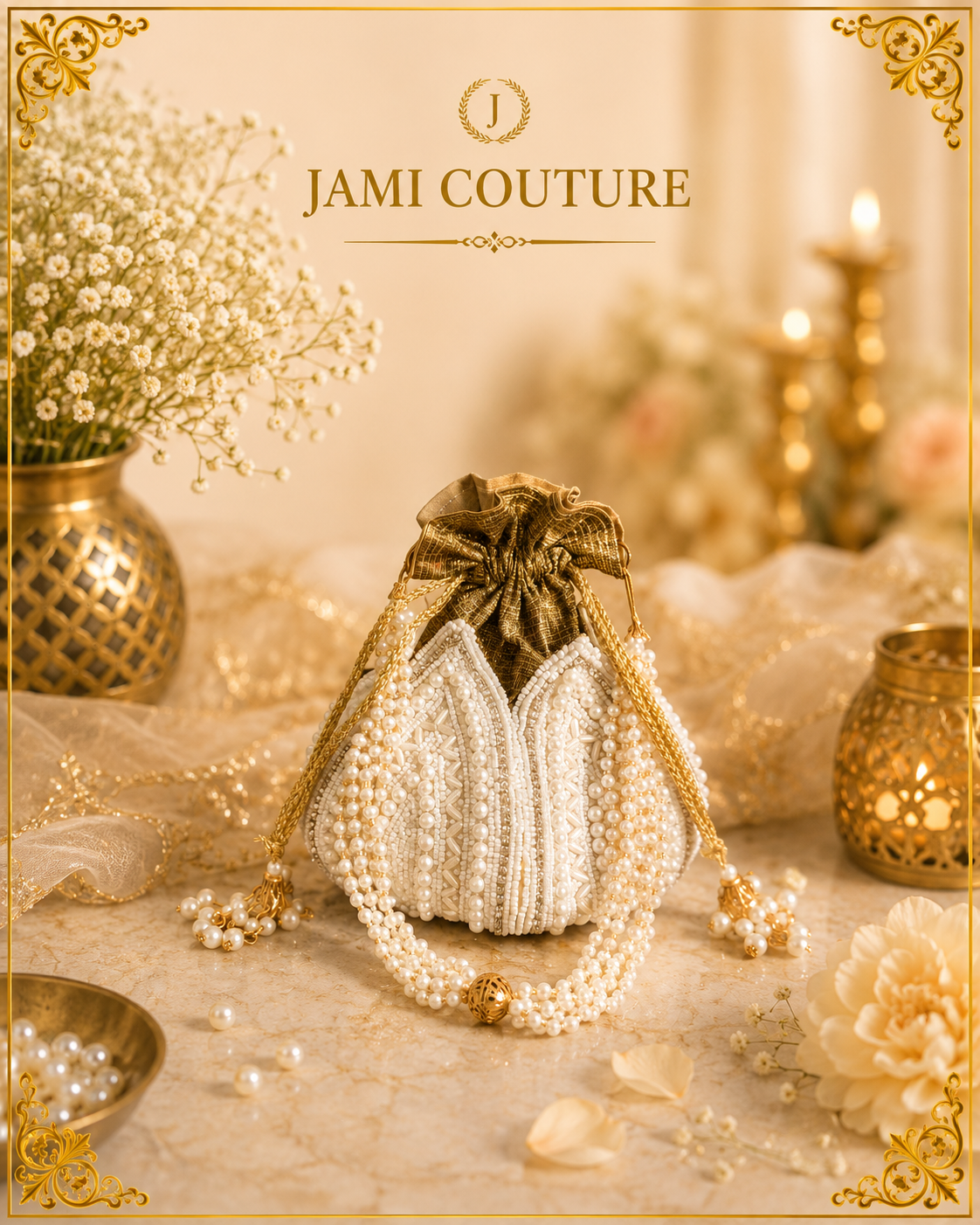 Gold-Toned and White Embellished Potli Clutch
