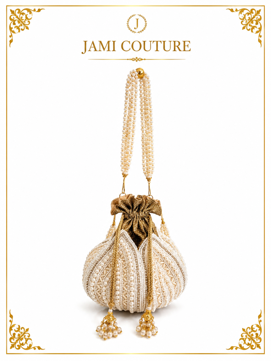 Gold-Toned and White Embellished Potli Clutch