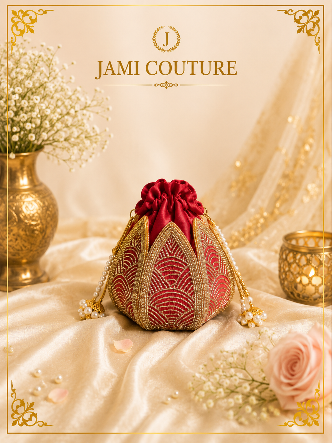 Red and White Embroidered Potli Clutch