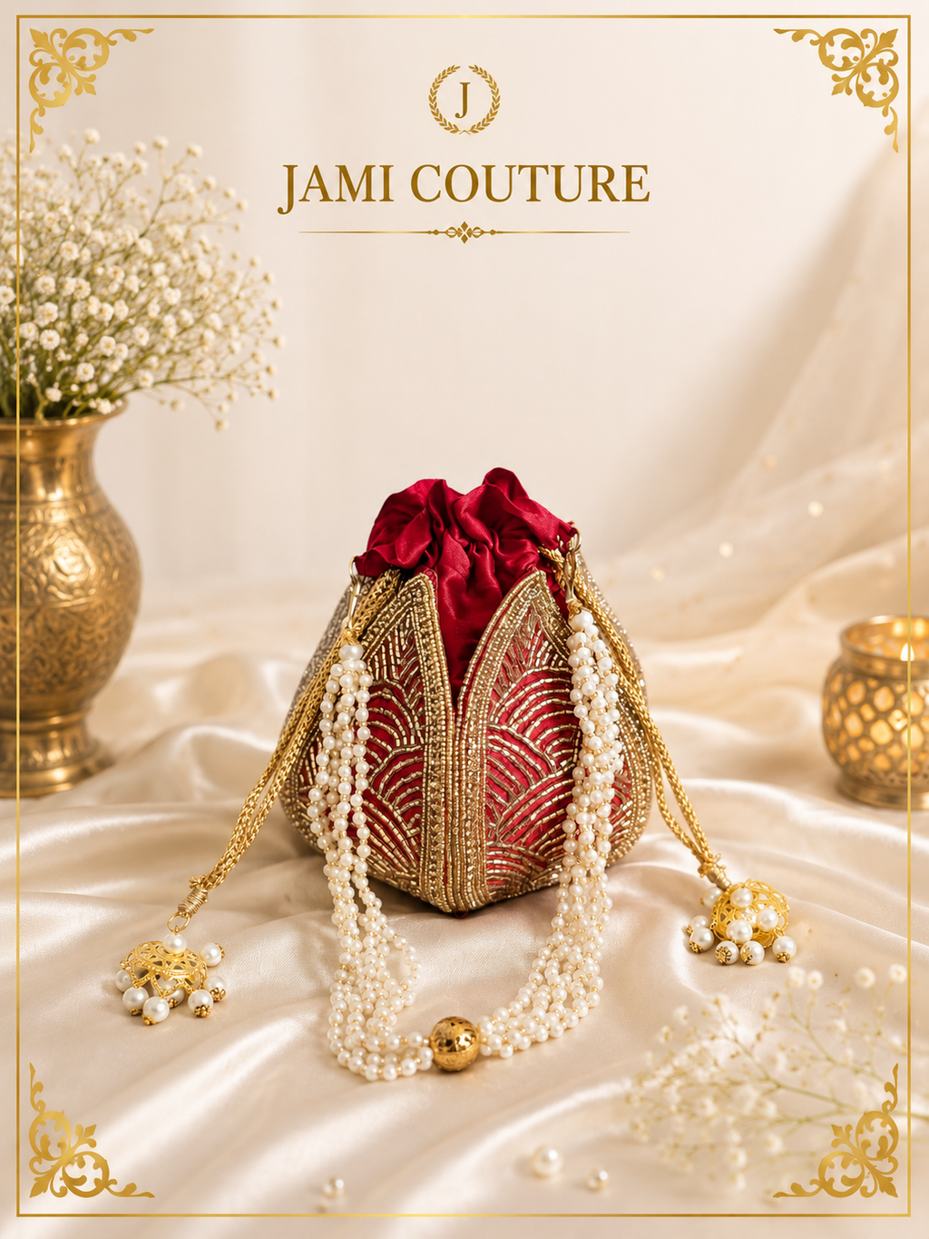 Red and White Embroidered Potli Clutch