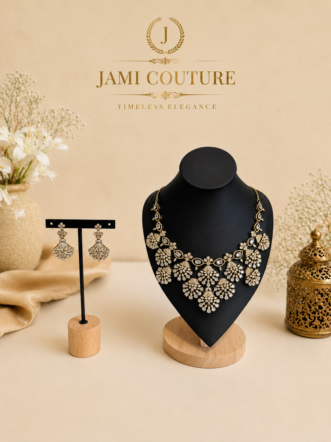 White Stone Statement Necklace | Gold-Toned Floral Bridal Necklace