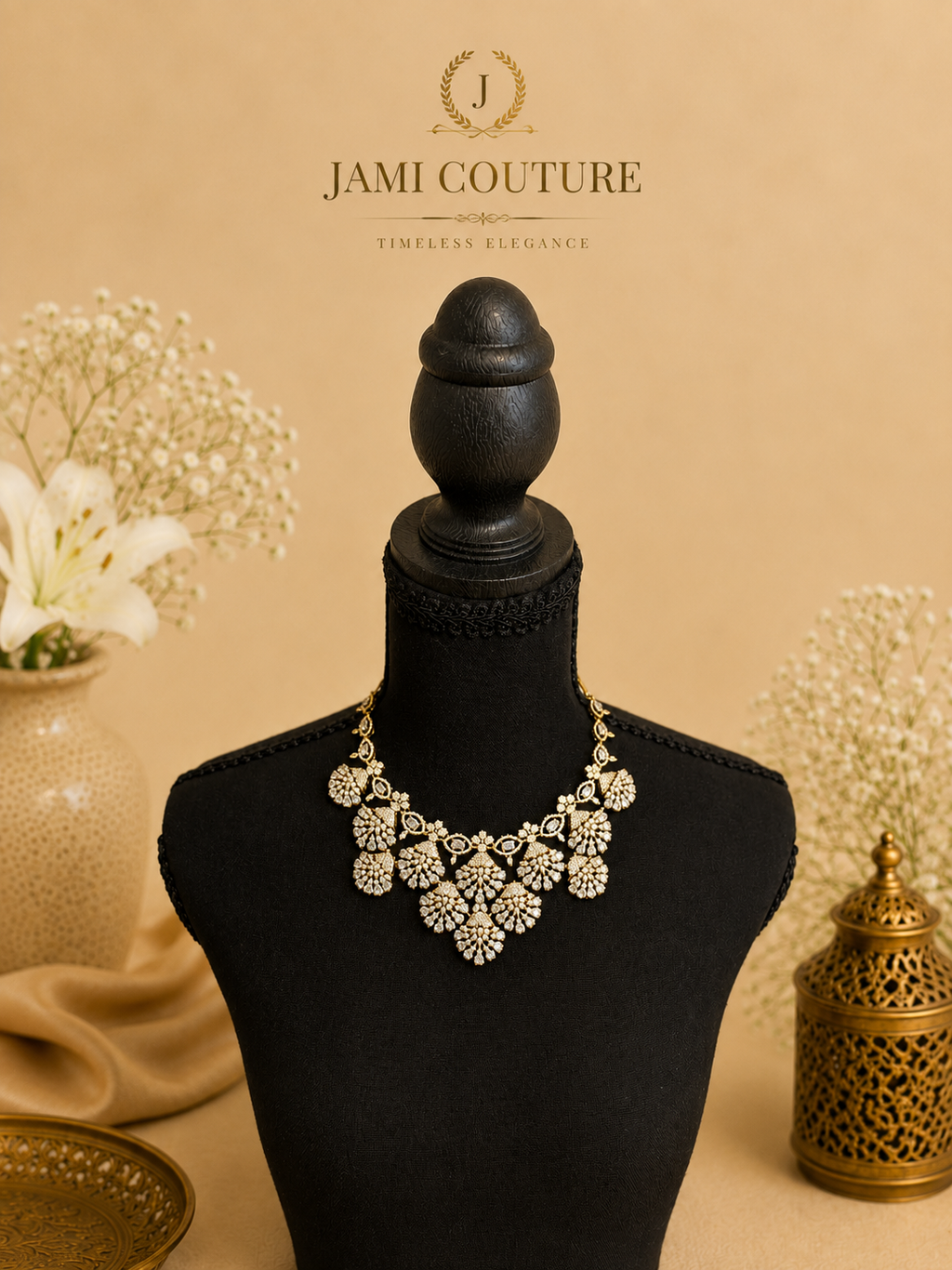 White Stone Statement Necklace | Gold-Toned Floral Bridal Necklace