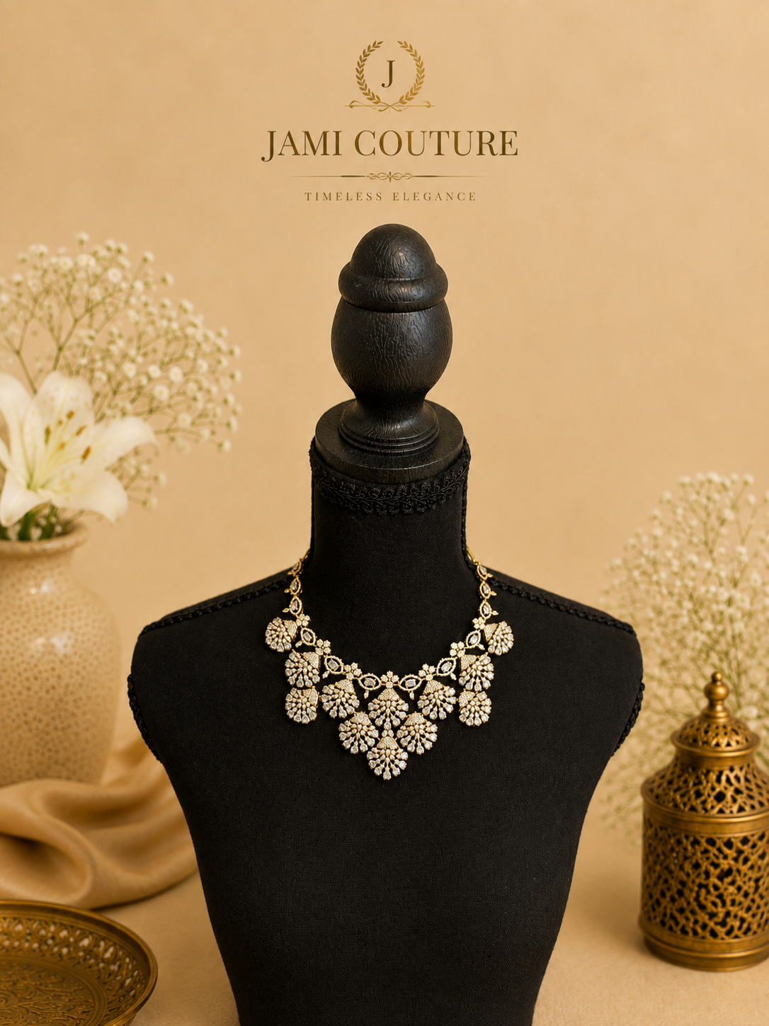 White Stone Statement Necklace | Gold-Toned Floral Bridal Necklace
