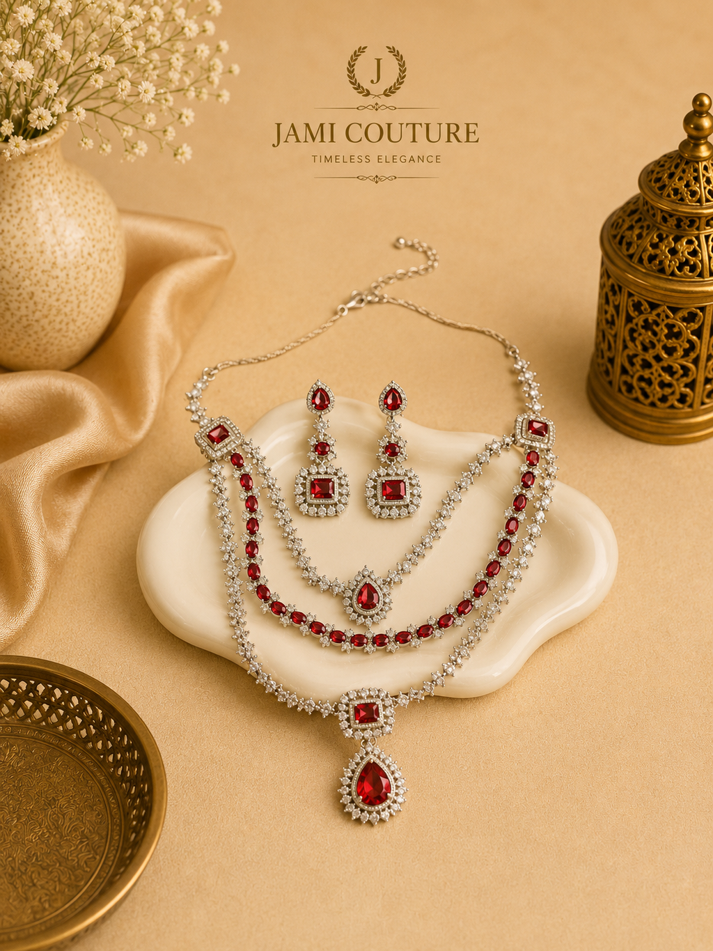 Ruby Red Layered Diamond Necklace Set with Matching Earrings | Bridal Statement Jewelry