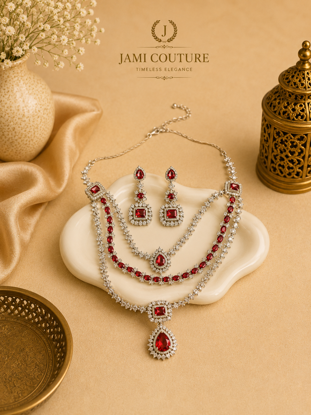 Ruby Red Layered Diamond Necklace Set with Matching Earrings | Bridal Statement Jewelry