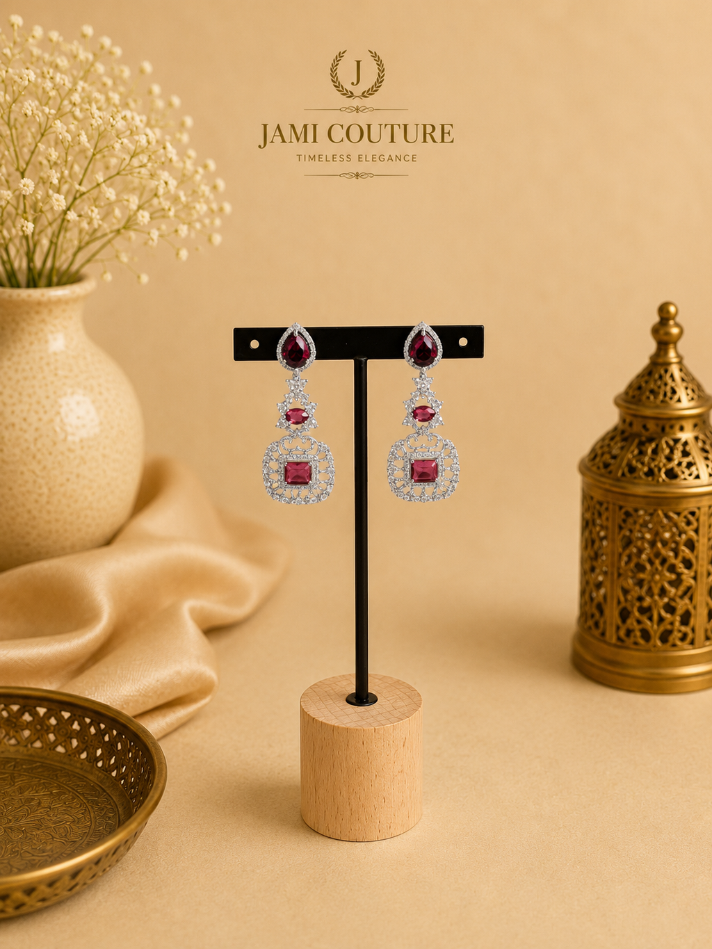 Ruby Red Layered Diamond Necklace Set with Matching Earrings | Bridal Statement Jewelry