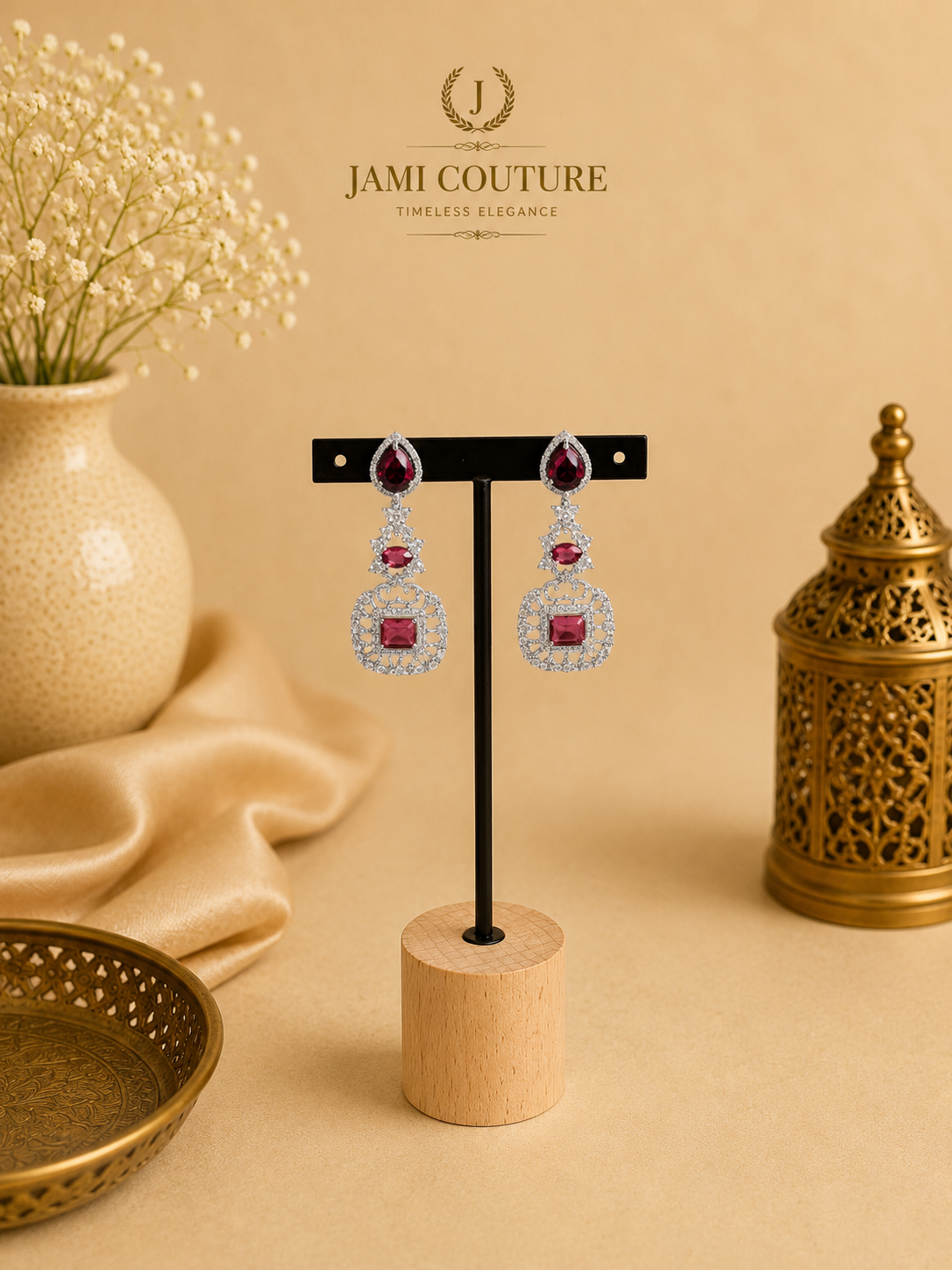 Ruby Red Layered Diamond Necklace Set with Matching Earrings | Bridal Statement Jewelry