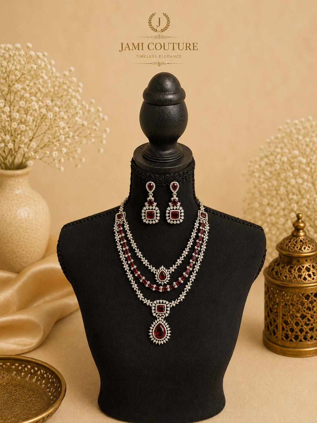 Ruby Red Layered Diamond Necklace Set with Matching Earrings | Bridal Statement Jewelry