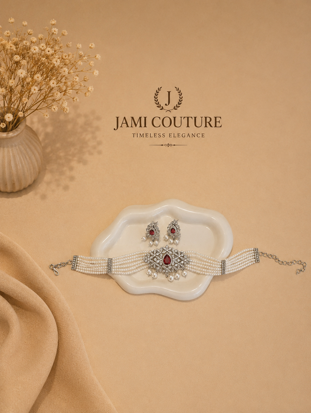 Ruby Red & White Diamond Pearl Choker Set with Matching Earrings | Silver-Toned Statement Jewelry