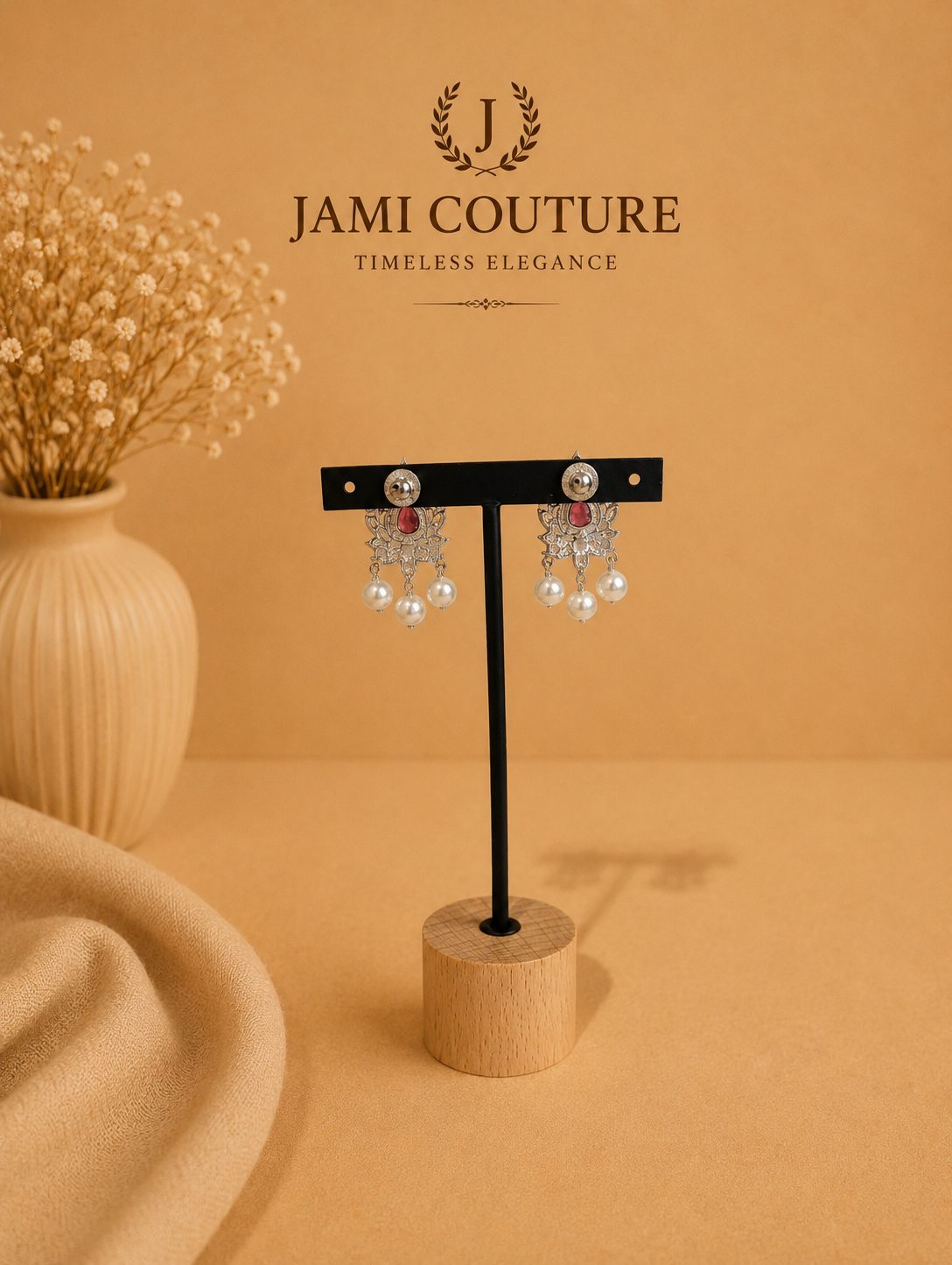 Ruby Red & White Diamond Pearl Choker Set with Matching Earrings | Silver-Toned Statement Jewelry
