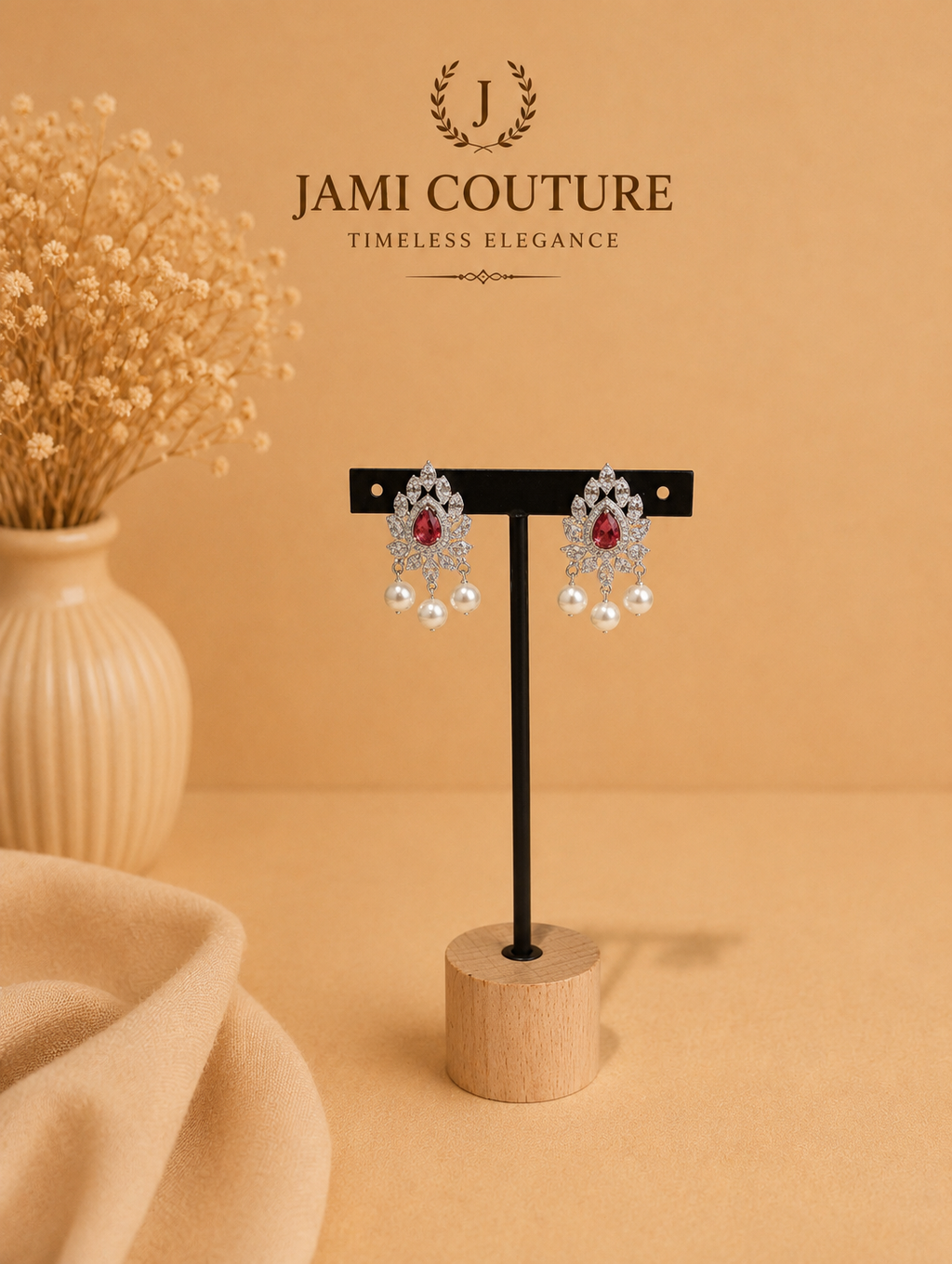 Ruby Red & White Diamond Pearl Choker Set with Matching Earrings | Silver-Toned Statement Jewelry
