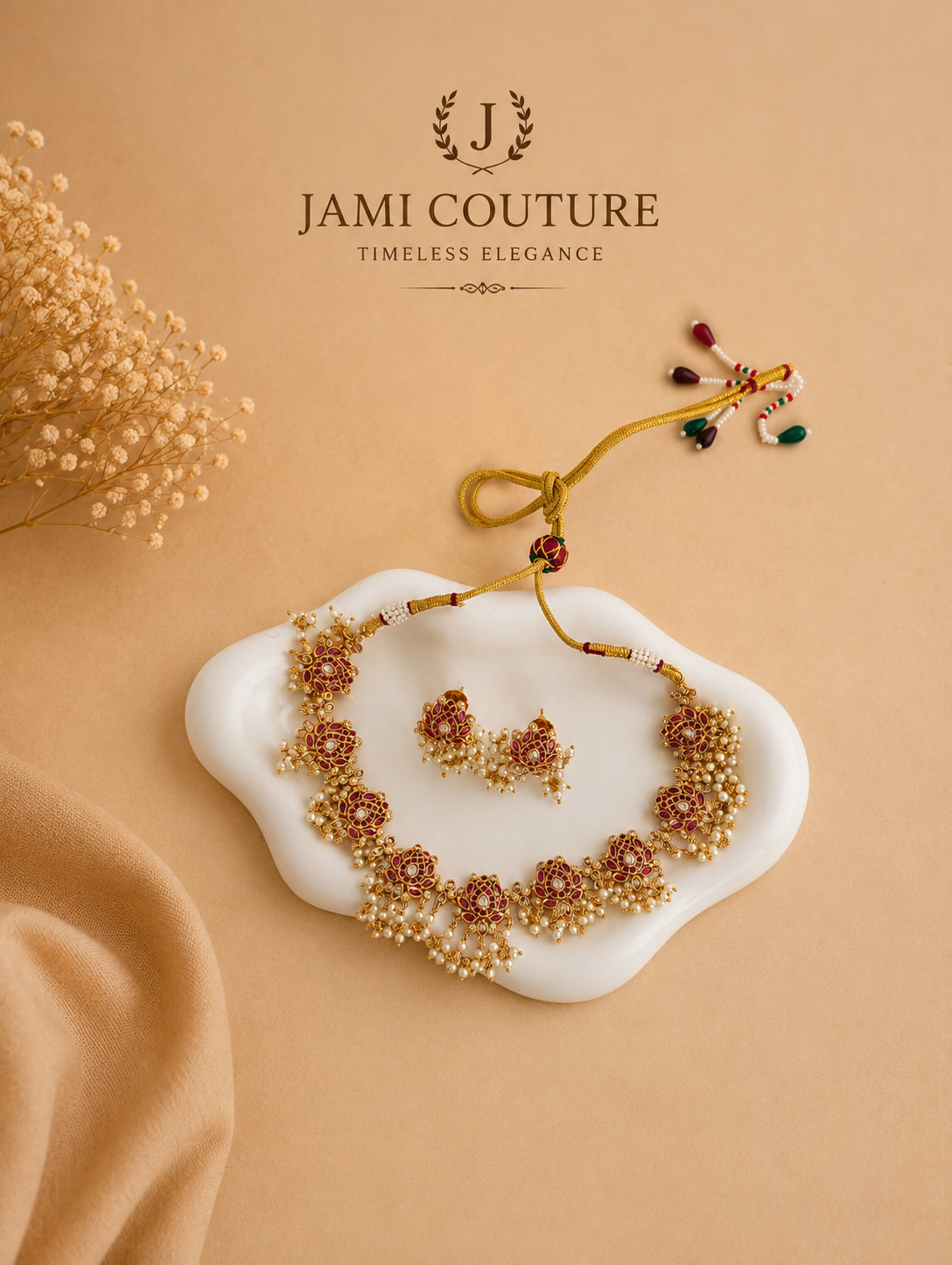 Ruby Red Lotus Jadau Necklace Set with Pearl Cluster Drops & Matching Studs | Antique Gold-Toned Temple Jewelry