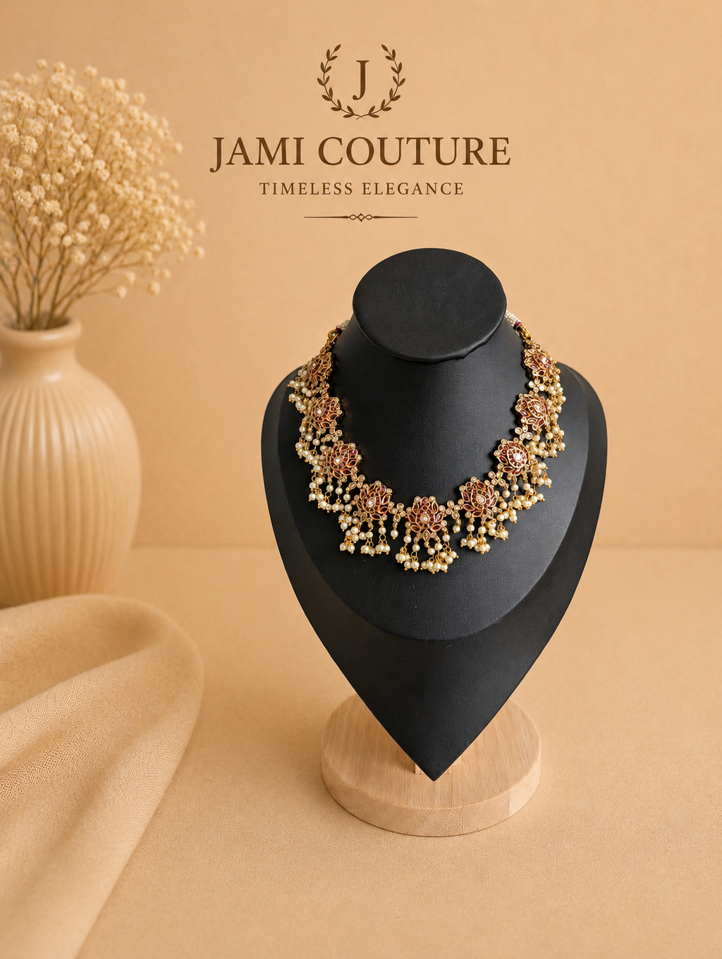 Ruby Red Lotus Jadau Necklace Set with Pearl Cluster Drops & Matching Studs | Antique Gold-Toned Temple Jewelry