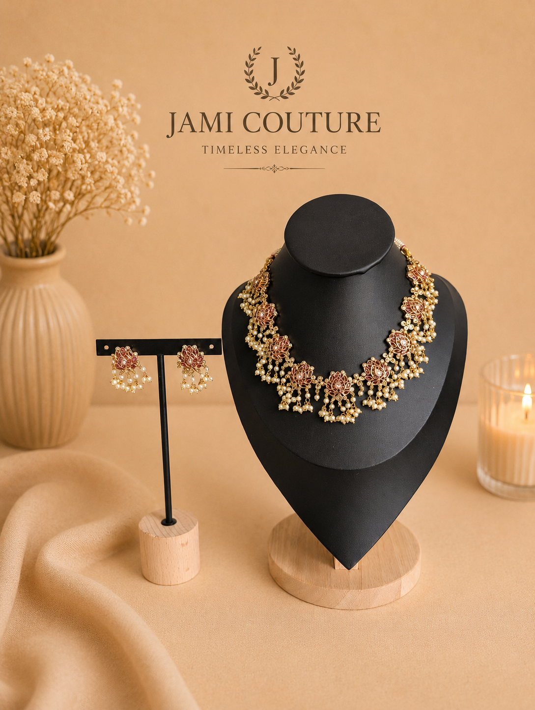 Ruby Red Lotus Jadau Necklace Set with Pearl Cluster Drops & Matching Studs | Antique Gold-Toned Temple Jewelry