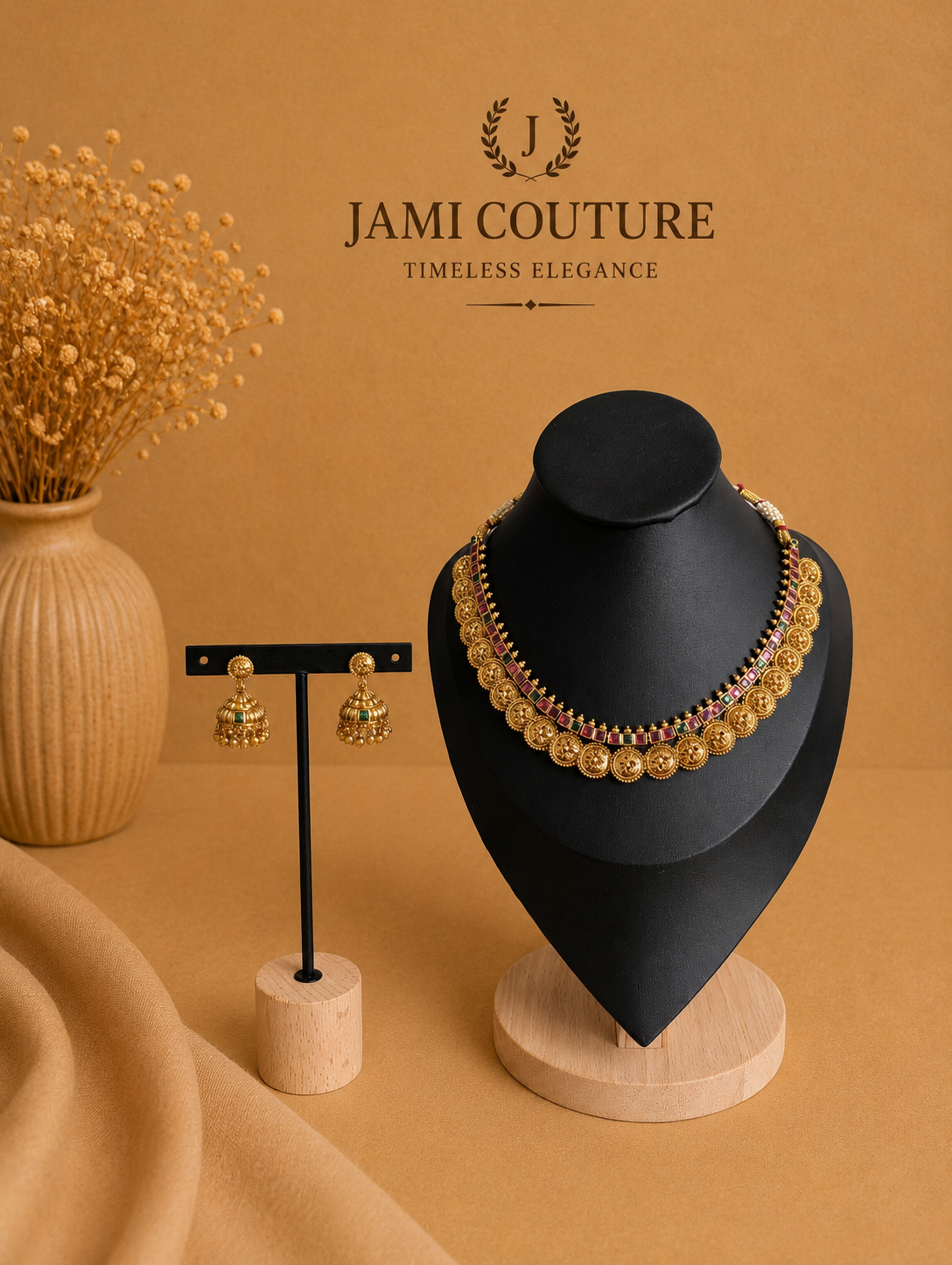 Antique Gold Floral Coin Necklace Set with Ruby & Emerald Stones & Matching Jhumkas | Traditional Temple Jewelry