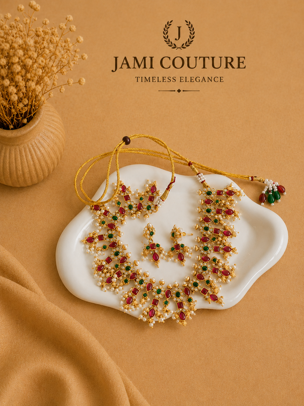 Ruby, Emerald & White Stone Floral Necklace Set with Pearl Cluster Drops & Matching Earrings | Antique Gold-Toned Temple Jewelry