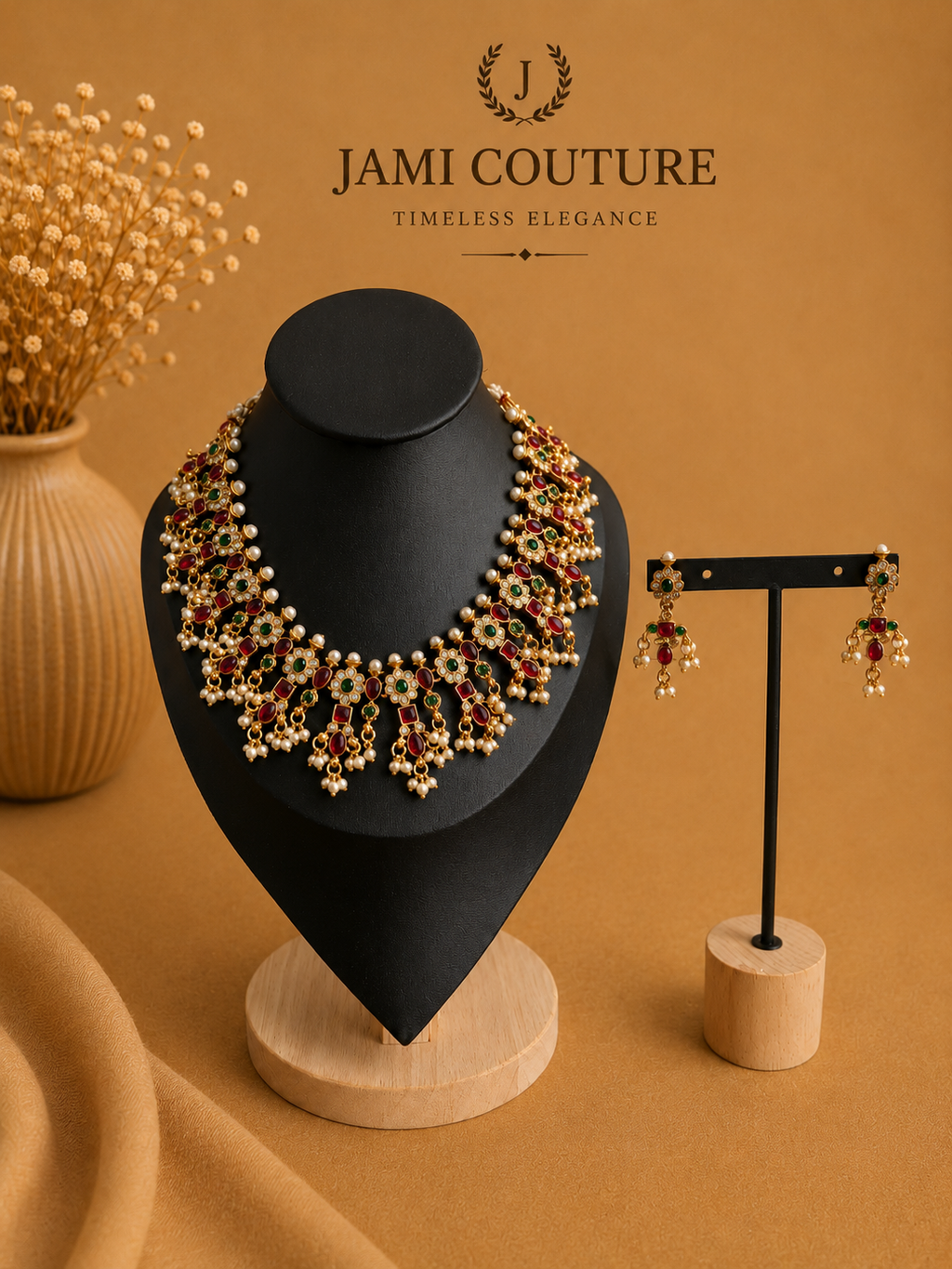 Ruby, Emerald & White Stone Floral Necklace Set with Pearl Cluster Drops & Matching Earrings | Antique Gold-Toned Temple Jewelry