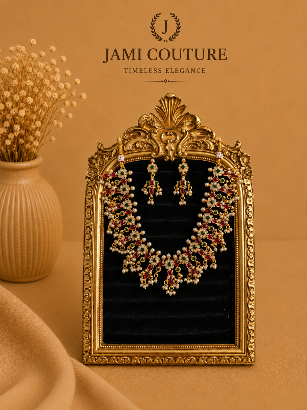 Ruby, Emerald & White Stone Floral Necklace Set with Pearl Cluster Drops & Matching Earrings | Antique Gold-Toned Temple Jewelry