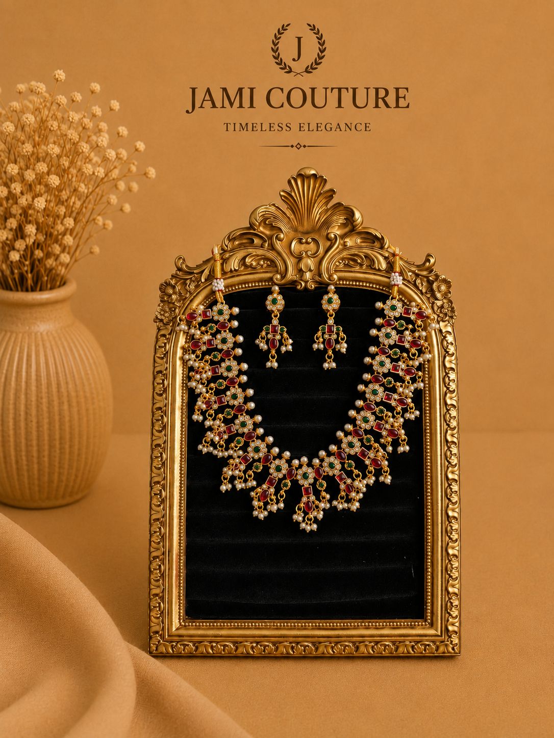 Ruby, Emerald & White Stone Floral Necklace Set with Pearl Cluster Drops & Matching Earrings | Antique Gold-Toned Temple Jewelry