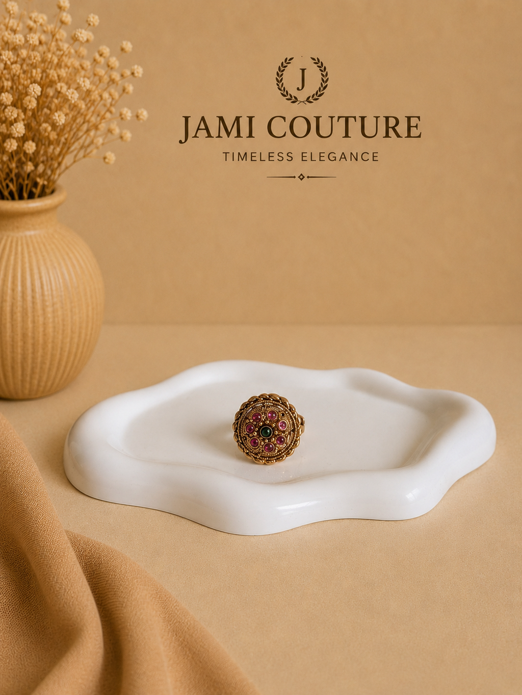 Antique Gold Floral Statement Ring with Ruby & Emerald Stones | Adjustable Traditional Temple Jewelry